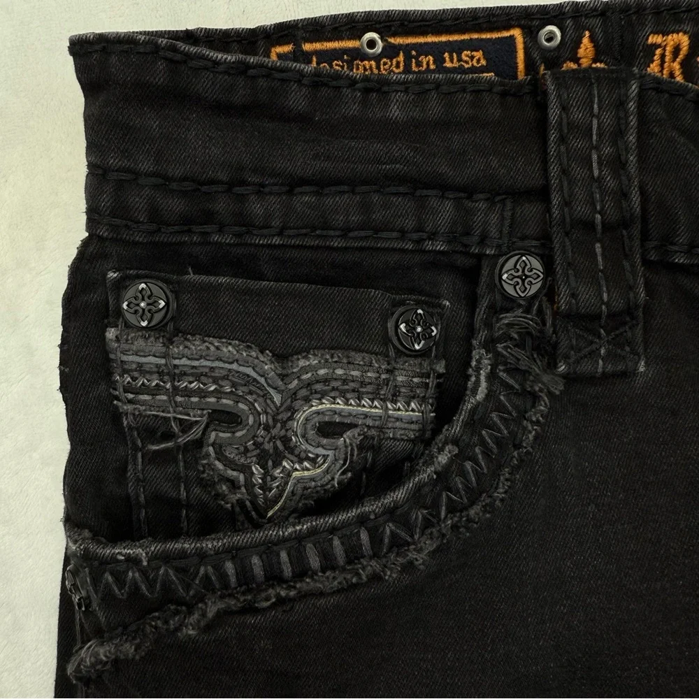 Rock Revival Mens Jean Shorts Size 32 Black Lorenzo Jorts Distressed Embroidery - Picture 10 of 14